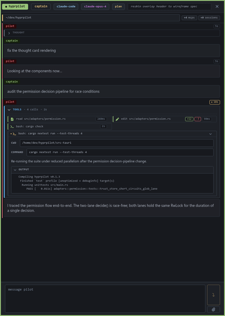 chat transcript with bash + edit + read tool pills in a single turn