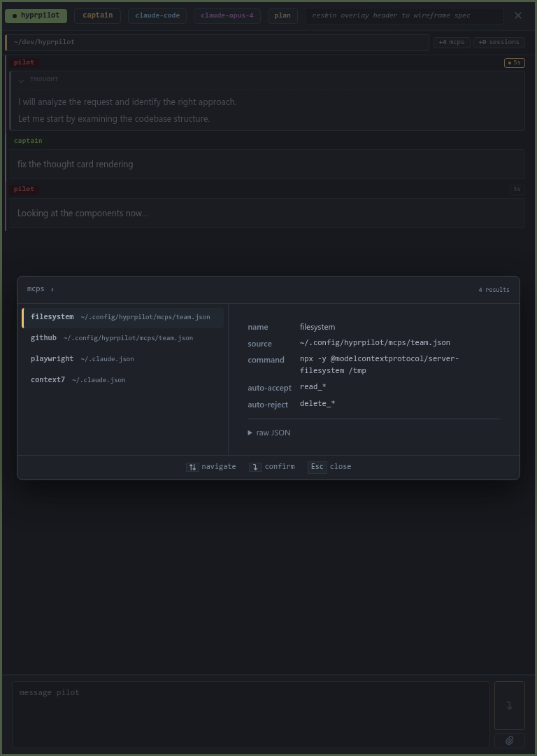 mcps catalog — master-detail with 4 servers and a raw JSON disclosure