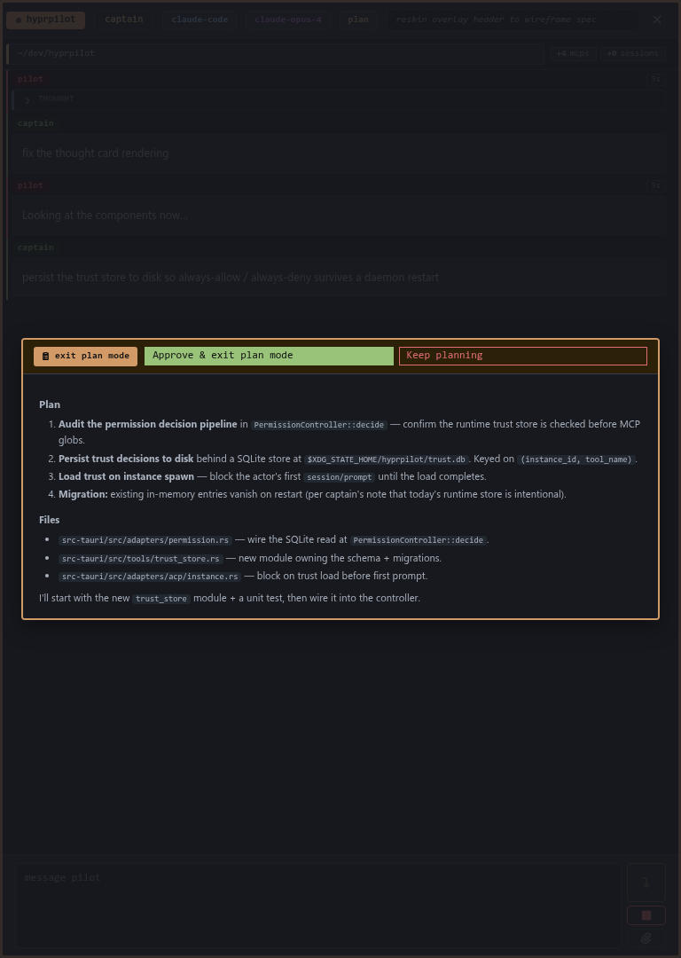 plan-modal permission with markdown body and Approve / Keep planning actions